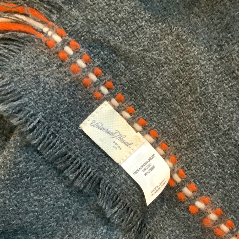 Universal Thread Grey Orange White Blanket Scarf lighter weight Fringe Outdoor